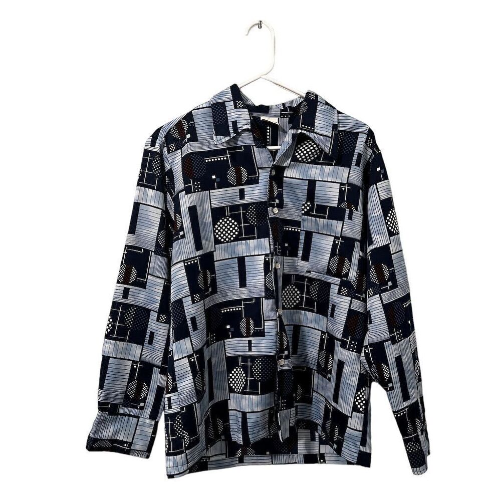 Vintage Don Loper Beverly Hills Men's M Blue Geometric Long Sleeve Shirt Retro - Picture 1 of 7